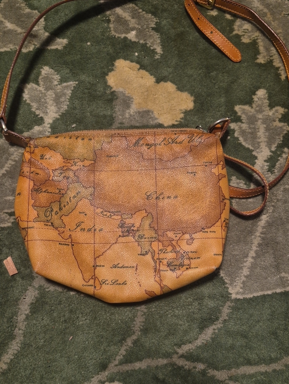 Alviero Martini Map-Print Crossbody in Tan and Brown